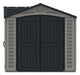 A gray Apex Pro 10x8 storage shed with a black roof and double doors.