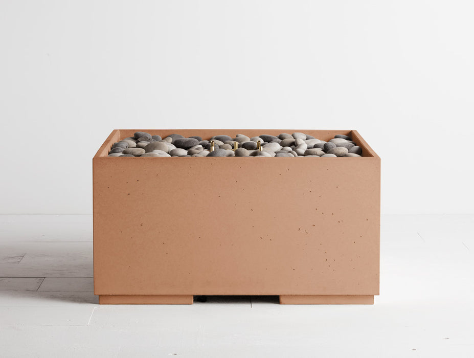 Arbutus colored Solus Decor Firebox 30 showcasing a modern square design with smooth edges and an assortment of grey pebbles.