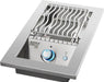 Angled view of the burner and blue-lit control knobs, showcasing the grill's elegant design.