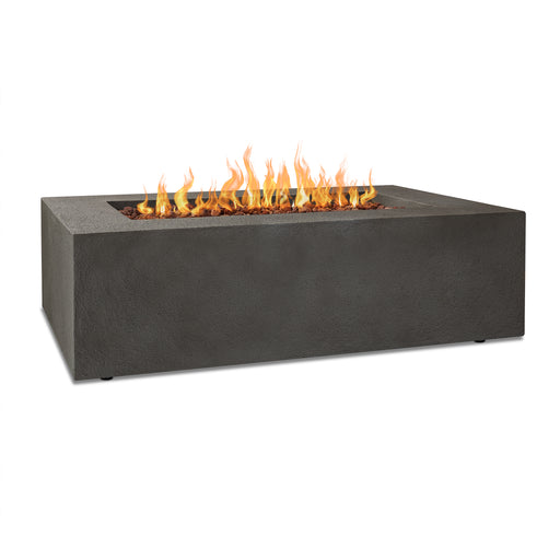 Illuminated Flames on Real Flame Baltic Rectangular Fire Pit Table in Stone Finish in white background