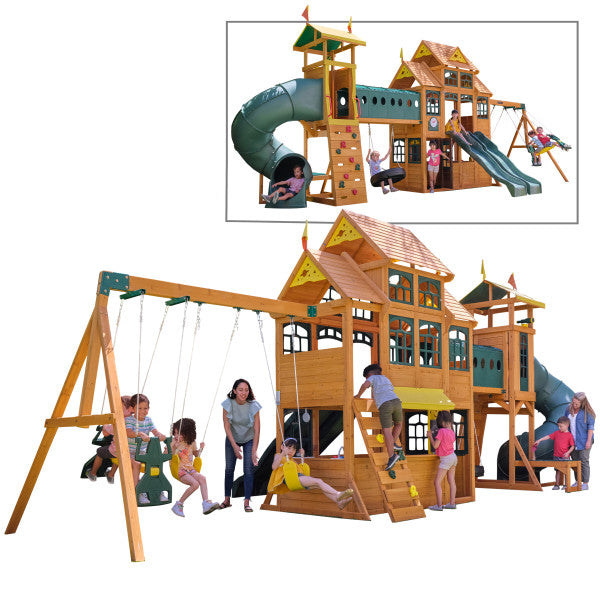 An outdoor playset with kids and adults