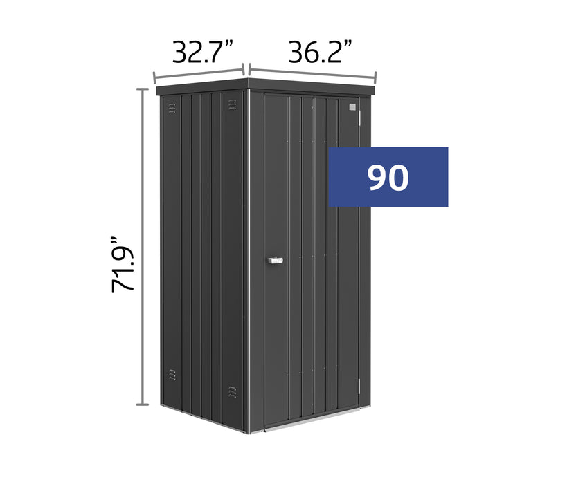 The dimensions of the Biohort Equipment Locker 90 in Dark Gray.