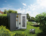 Biohort Outdoor Cabinet Locker 150 in Dark Gray placed in the backyard with tools.