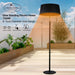 An advertisement showcasing the outdoor heater's features such as a 6-foot diameter heat range, three heat settings, and suitability for both indoor and outdoor use.