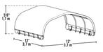 Black and white drawing of ShelterLogic Corral Shelter dimensions 12 ft. x 12 ft. x 5 ft. 6 in. The text includes measurements in meters as well.