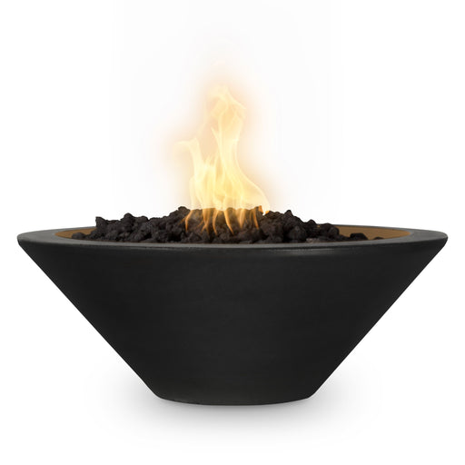 A round Cazo fire bowl from The Outdoor Plus, featuring a sleek black powder-coated finish, with flames gently flickering above dark lava rocks, in white background