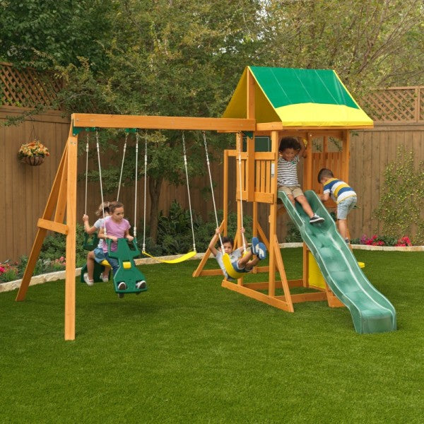 The brookridge fort swing set on a backyard