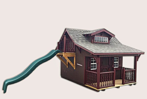 A beautifully crafted Craftsman Playhouse with Slide by Little Cottage Company, featuring warm brown tones, showcased against a clear background