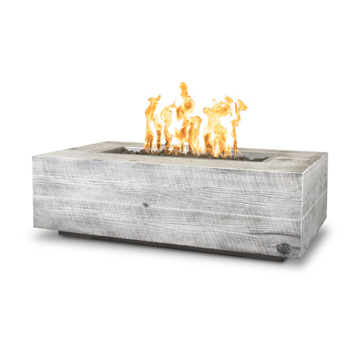 lit Rectangular Coronado Fire Pit Wood Grain GFRC Concrete - Ivory in white background