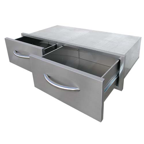 Cal Flame 39-Inch Horizontal Double Access Drawers BBQ08867 opened drawers in white background
