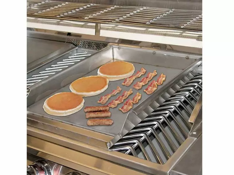 Cal Flame Built-in BBQ Griddle Tray With Storage BBQ07862P Griddle Tray with pancakes and bacon on top