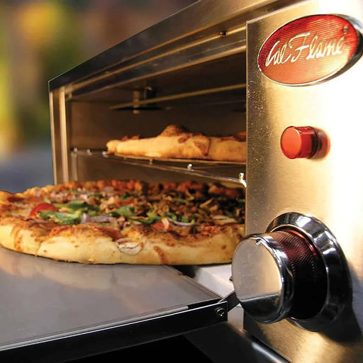  BBQ14967E Cal Flame 2-In-1 Oven Built-in Steel Warmer & Pizza Oven with pizza inside