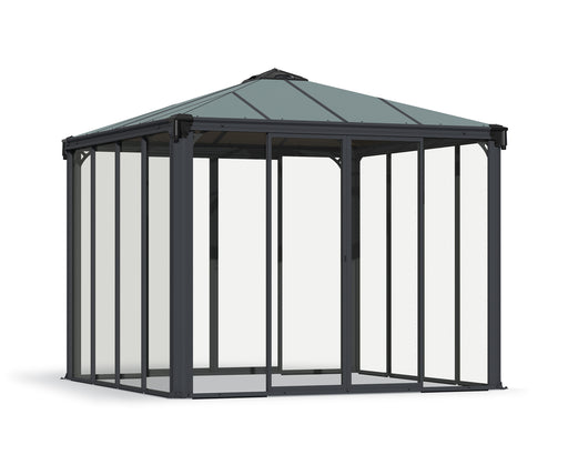 The Canopia Ledro Enclosed Gazebo by Canopia features a square design, dark gray metal frame, clear glass walls, and a sloped roof, shown freestanding against a white background.