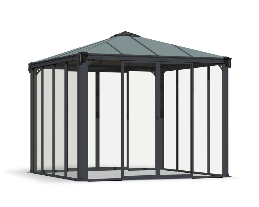 The Canopia Ledro Enclosed Gazebo by Canopia features a square design, dark gray metal frame, clear glass walls, and a sloped roof, shown freestanding against a white background.