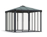 The Canopia Ledro Enclosed Gazebo by Canopia features a square design, dark gray metal frame, clear glass walls, and a sloped roof, shown freestanding against a white background.