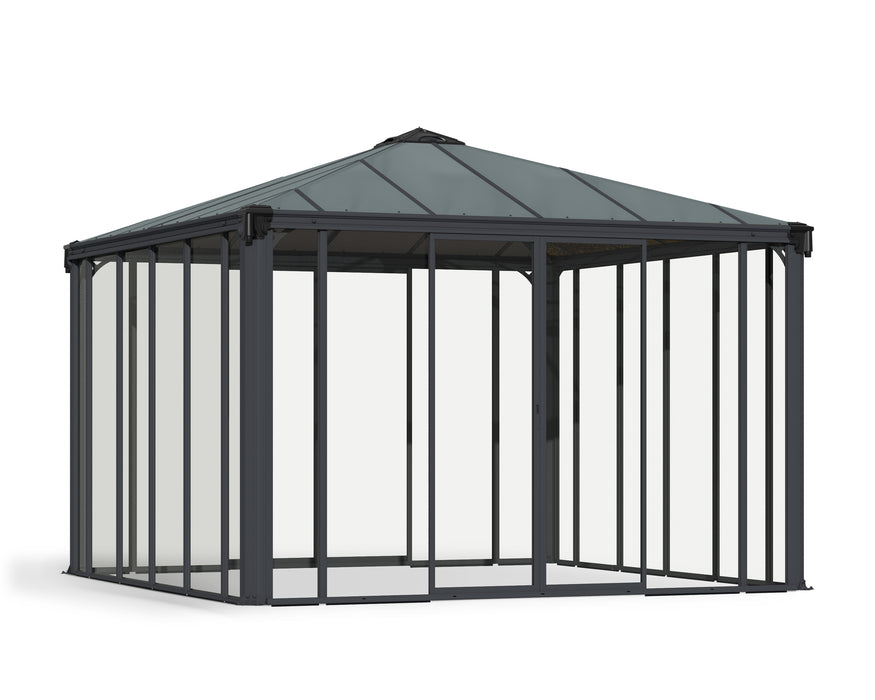 The Canopia Ledro Enclosed Gazebo by Canopia features a modern gray/bronze metal frame and clear vertical glass panels on all sides, shown freestanding against a plain white background.