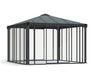 The Canopia Ledro Enclosed Gazebo by Canopia features a modern gray/bronze metal frame and clear vertical glass panels on all sides, shown freestanding against a plain white background.