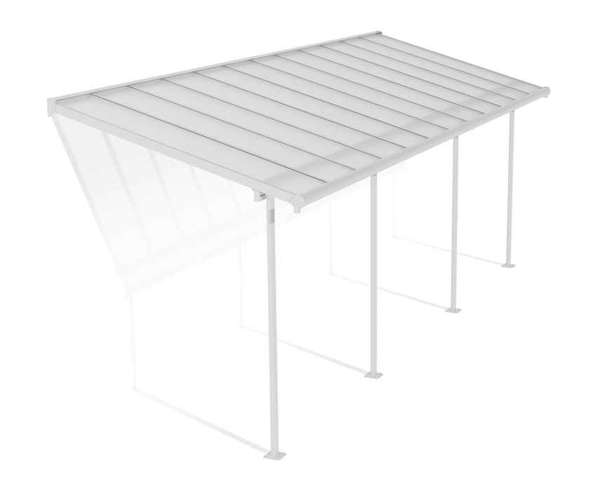 Canopia Sierra 7.5' x 22' Patio Cover in white with clear roof panels, isolated cutout view showcasing the extended frame and roof structure.