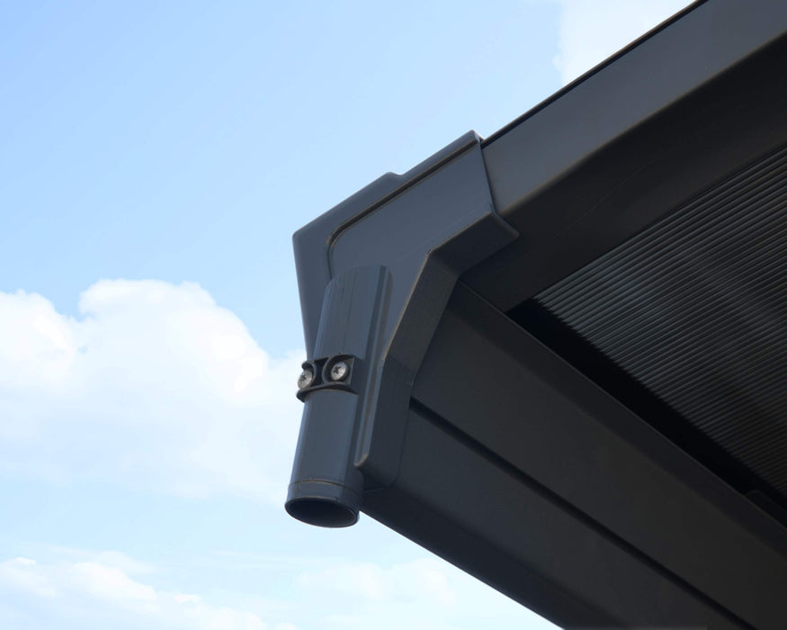 Close-up of the built-in gutter system of the Vitoria 5000 10x16 Carport, designed to direct rainwater efficiently.