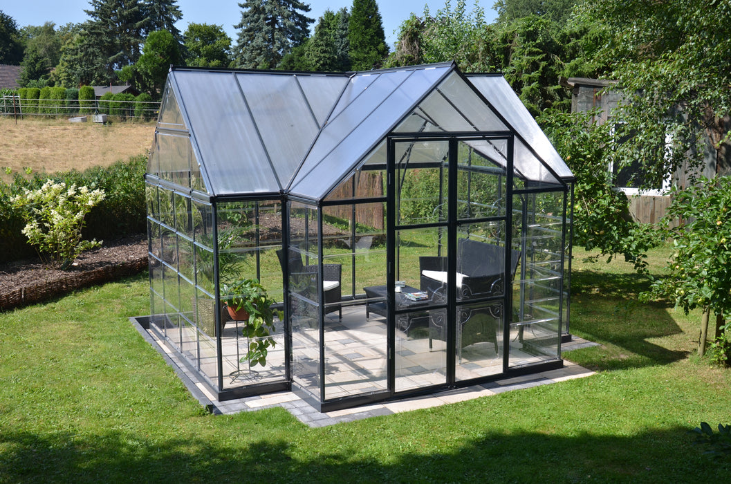 Canopia Chalet 12' x 10' Greenhouse Grey_Clear_with chairs and sofa