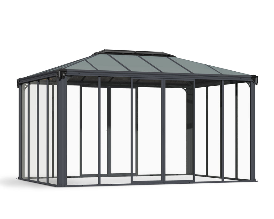The Canopia Ledro Enclosed Gazebo by Canopia features a modern gray metal frame, peaked roof, and sliding glass doors on all sides—ideal for year-round outdoor enjoyment.
