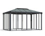 The Canopia Ledro Enclosed Gazebo by Canopia features a modern gray metal frame, peaked roof, and sliding glass doors on all sides—ideal for year-round outdoor enjoyment.