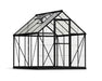 Canopia Hybrid greenhouse with a black aluminum frame and clear polycarbonate panels. It has a gable roof with adjustable vents and wide double doors for easy access.