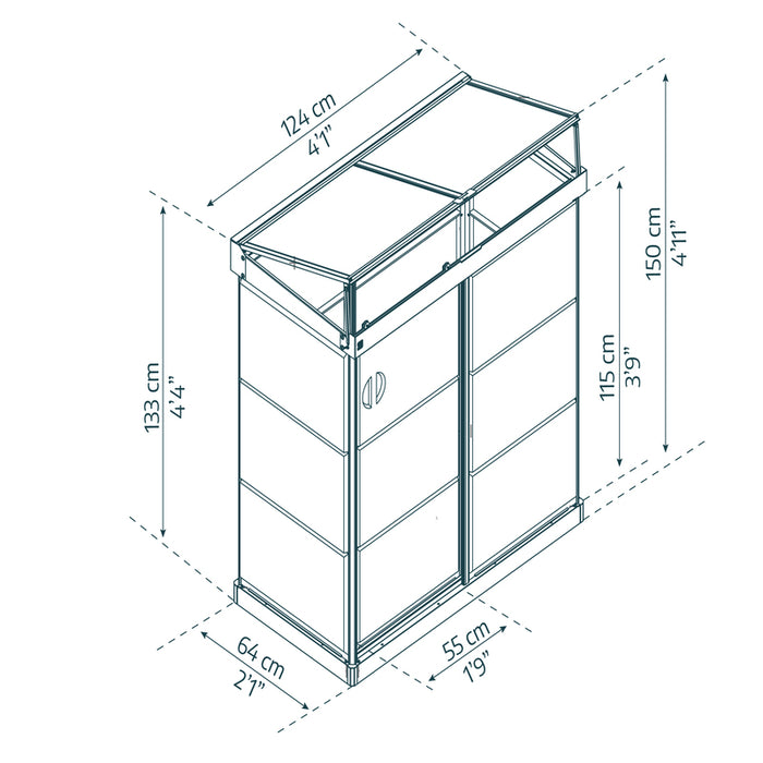 Technical drawing showing the dimensions of Canopia Ivy 4' x 2' Mini Greenhouse with labels for height, width, and depth.