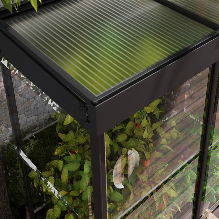 Zoomed-in image showing the integrated gutters of the Canopia Ivy 4' x 2' Mini Greenhouse with black frame.