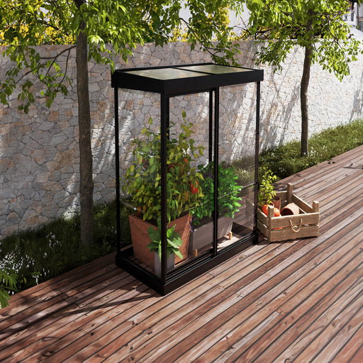 Overhead view of Canopia Ivy 4' x 2' Mini Greenhouse with black frame and clear panels on a wooden deck.