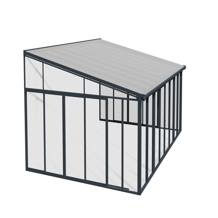 Full structure view of the Canopia SanRemo 13' x 14' Patio Enclosure, with a clear depiction of its gray frame and transparent panels.