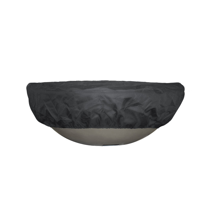 The Outdoor Plus protective round canvas cover for fire pits, snugly fitting over a round fire pit bowl, in white background