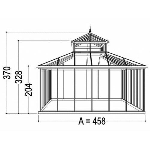 Technical sketch of a large cupola Victorian cathedral greenhouse measuring 15x20 ft, with marked dimensions for architectural planning.