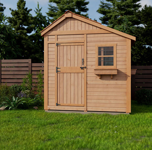 Elegant 8x8 cedar Sunshed Garden Shed by Outdoor Living Today with closed doors in a serene backyard setting.