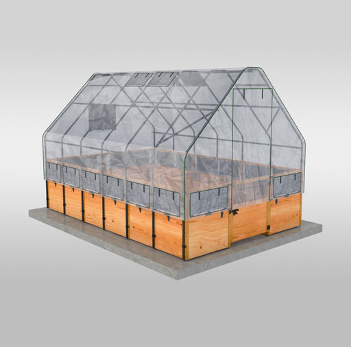An Outdoor Living Today Garden in a box | 8 x 12 with Greenhouse, with a wooden frame and netting.