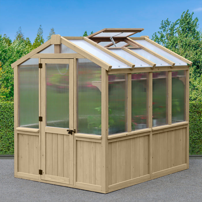 Front and side angle of the Yardistry Meridian 6.7 x 7.8 ft Cedar Greenhouse.