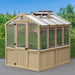 Front and side angle of the Yardistry Meridian 6.7 x 7.8 ft Cedar Greenhouse.