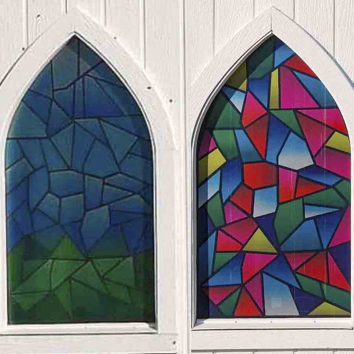 Close-up of the pretend window glass of the Chapel Playhouse by Little Cottage Co.