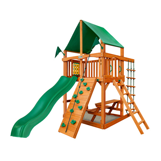 Wooden Tower Swing Set without kids in a studio.