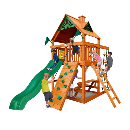 Chateau Tower Swing Set Wood Roof with kids in studio.