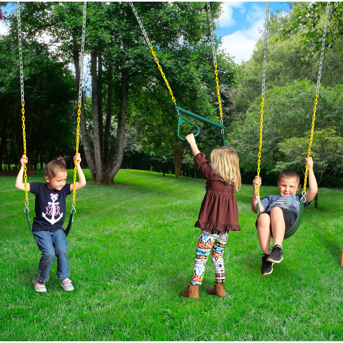 Children swinging on cedar Trapeze Bar Swing Set