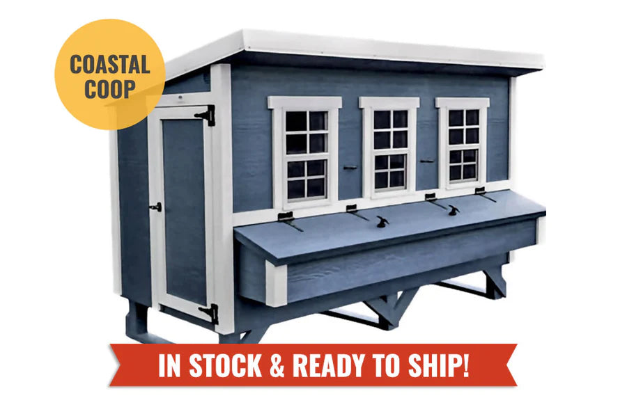 The OverEZ XL Chicken Coop in coastal blue color ready for shipment, built for durability and designed to accommodate up to 20 chickens comfortably.