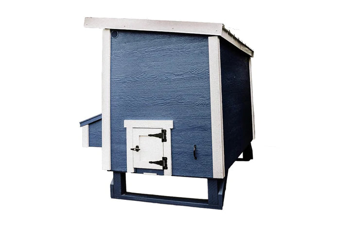 Side perspective of the Coastal Model Large OverEZ Chicken Coop in blue with secure white door, accommodating up to 15 chickens.