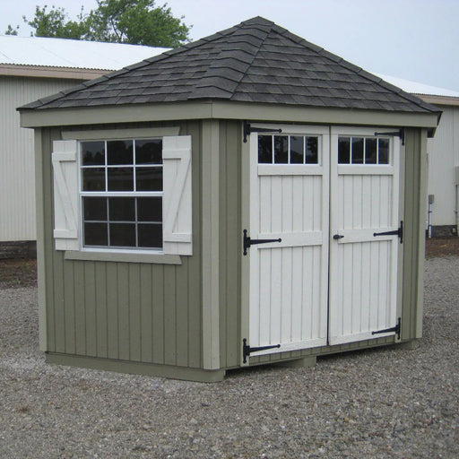 Left side view of the Little Cottage Co Colonial Five-Corner Storage Shed