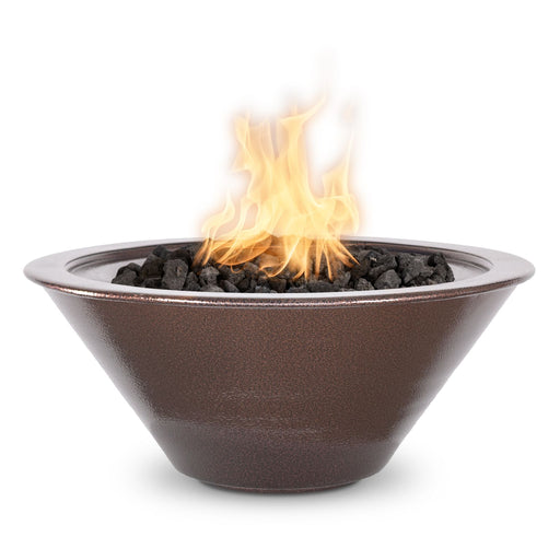 Ignited Round Cazo fire bowl by The Outdoor Plus, showcasing a copper vein powder-coated metal finish and a comforting flame, in white background