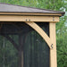 Close-up view of the corner of a wooden gazebo showing the structural details and the mosquito mesh attachment points, highlighting the sturdy construction and the fine mesh designed to keep insects out.