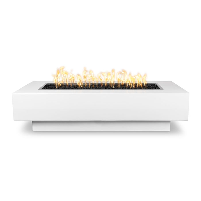 White Rectangular Coronado Fire Pit Powder Coated Metal, lit in white background