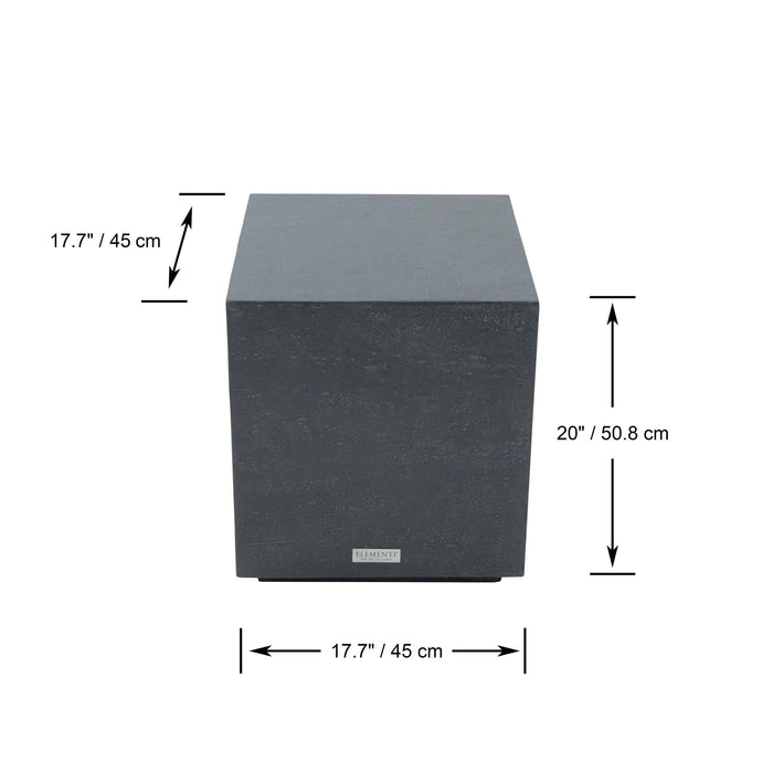 Dimensional diagram of the Elementi Tevere Series Side Table Large in Slate Black, displaying measurements of 17.7 inches wide by 20 inches high.