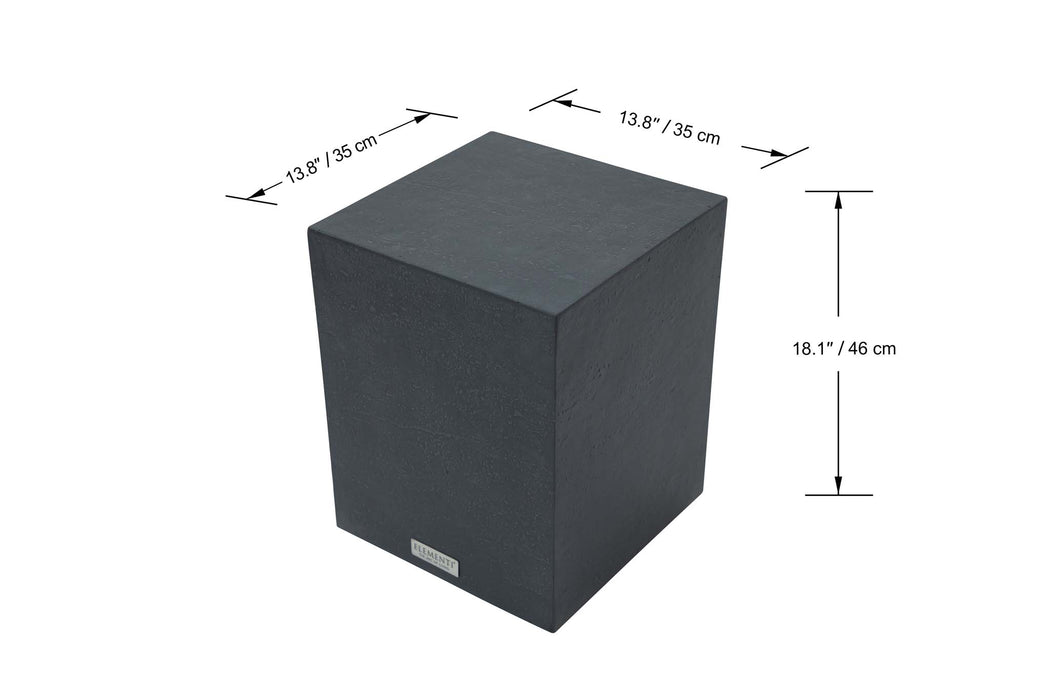 Dimensional view of the Elementi Tevere Series Small Side Table in Slate Black, showing precise measurements of 13.8 inches wide and 18.1 inches high, presented on its textured slate surface.