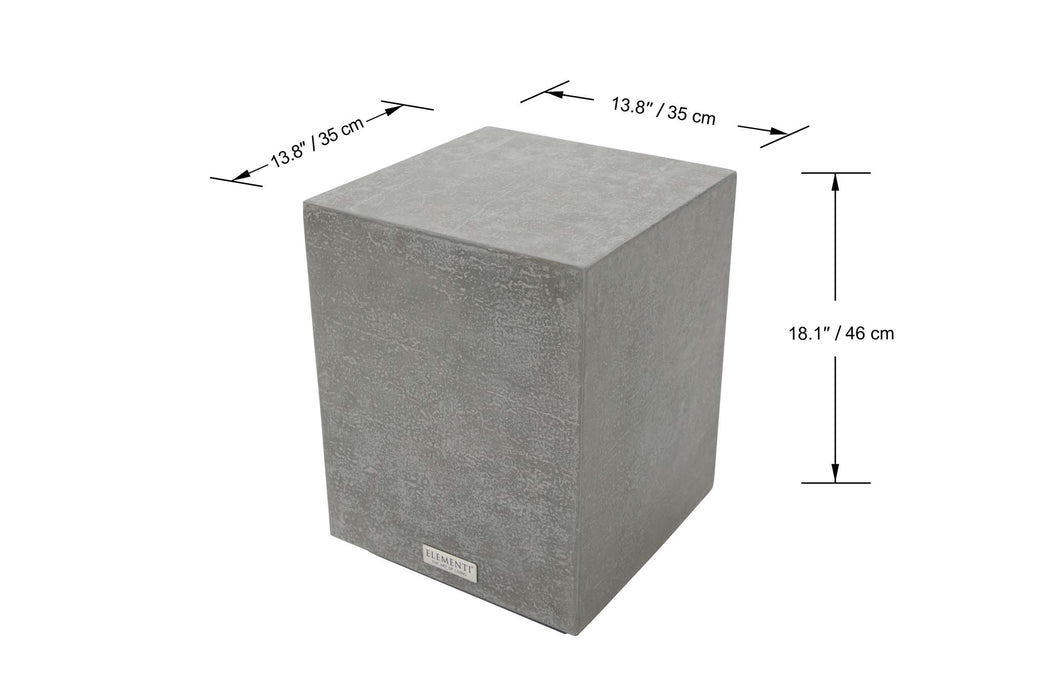 Dimensional view of the Elementi Tevere Series Small Side Table in Space Grey, showing width, depth, and height measurements of 13.8 inches and 18.1 inches, respectively, highlighted on the textured surface.